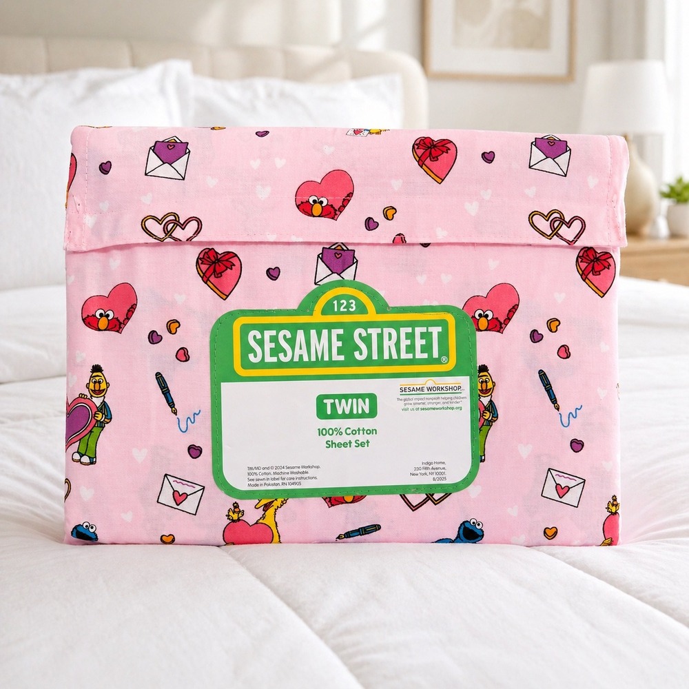Sesame Street Elmo Twin Cotton Sheet Set Pink- 3 Piece Cookie Monster Big Bird